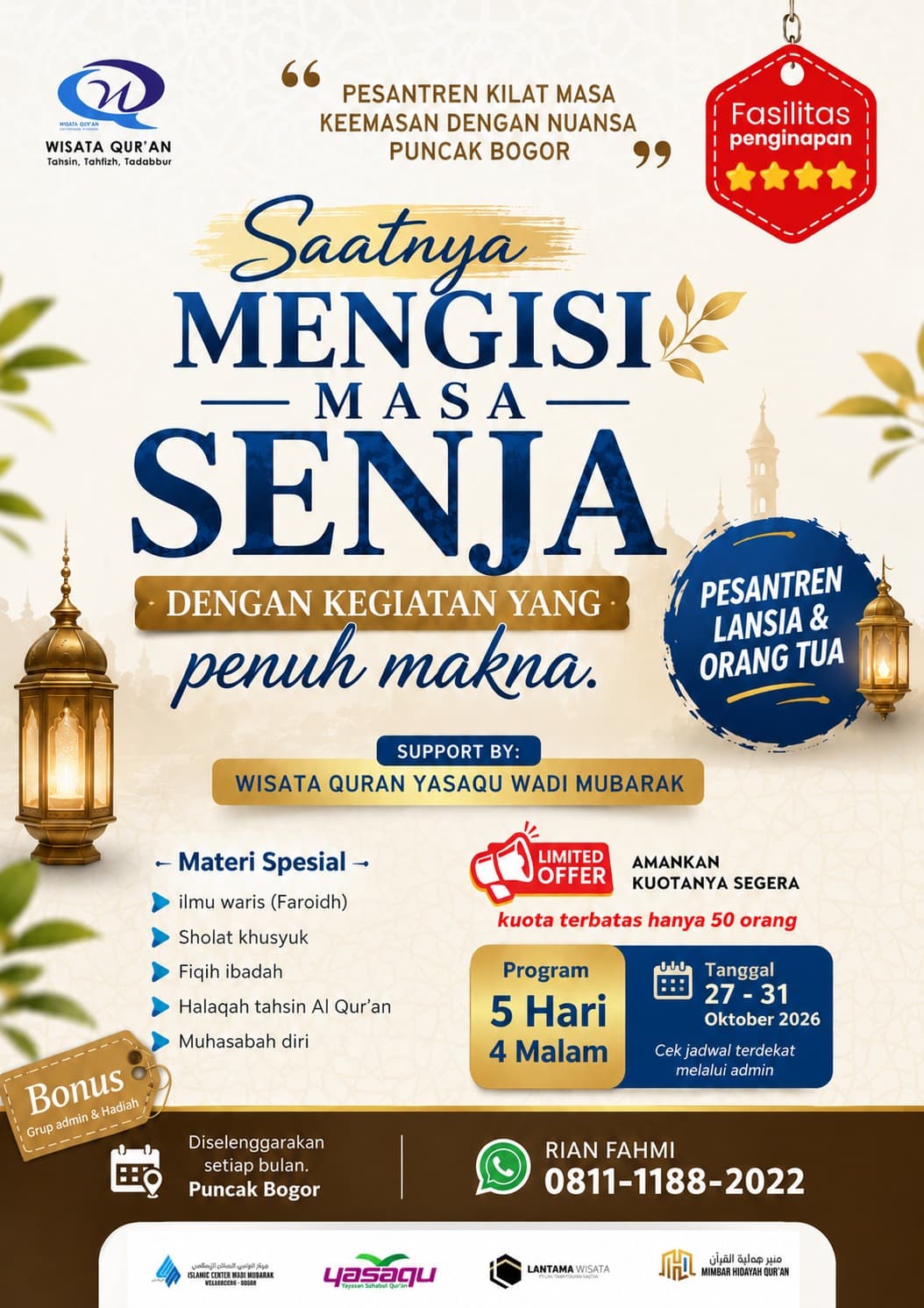 Poster Pesantren Lansia & Orang Tua, Saatnya Mengisi Masa Senja, 27 sampai 31 Oktober 2026 di Puncak Bogor